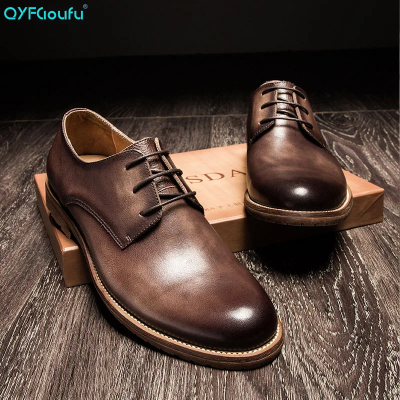 

New Fashion 2019 Spring Autumn Men Dress Shoes Business Genuine Leather Shoes Vintage Men Work Shoes Lace-up Round Toe