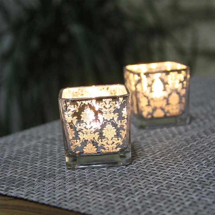 European style Square plating glass candle holder silver glass