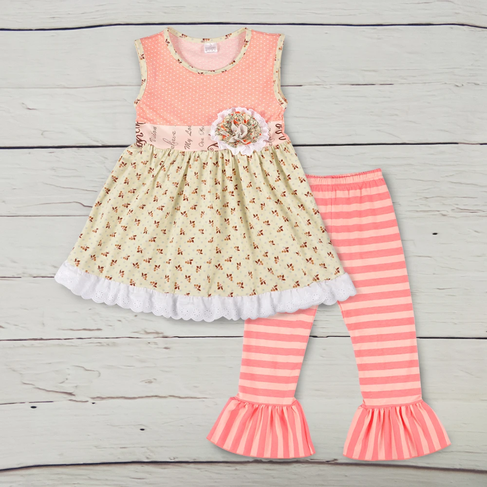 

New Fashion Girls Summer Cotton Sets Sleeveless Floral Swing Top Stripes Ruffle Capris Kids 2 Pcs Spring Suits 2GK802-187
