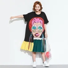 Женская Черная футболка с рисунком лица и кисточками Новое поступление, летняя женская футболка с круглым вырезом и коротким рукавом, хит, цветная длинная футболка с подолом