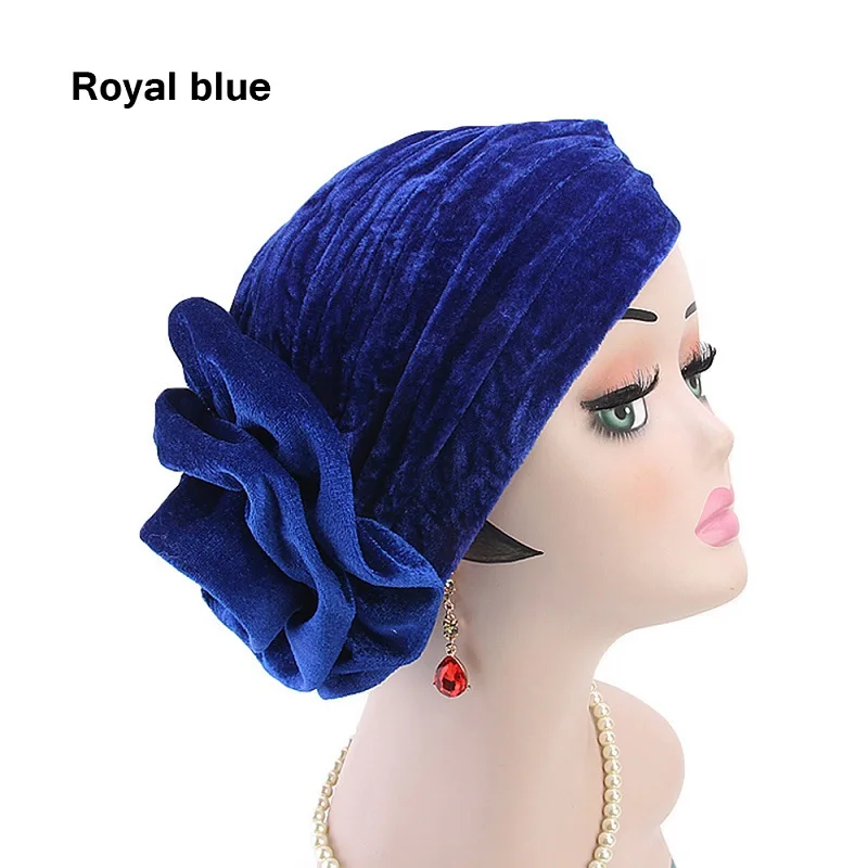 royal blue Женский большой цветок бусины мусульманский хиджаб колпачок золото бархат Элегантный Индийский тюрбан шапка исламский Джерси химиотерапия шляпа дамы головной шарф крышка - Цвет: royal blue