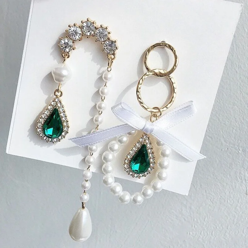 

MENGJIQIAO New Korean Elegant Waterdrop Green Crystal Pearl Circle Bowknot Drop Earrings For Women Asymmetric Oorbellen Jewelry