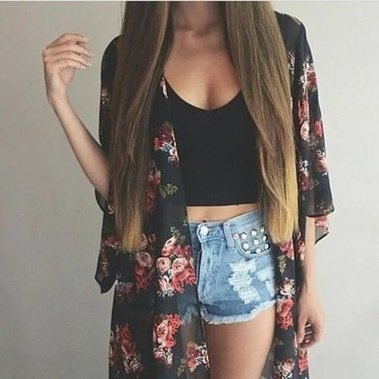 

OCQBI Casual Chiffon Three Quarter Sleeve Women Kimono Cardigan Blouse Print Womens Shirts Streetwear Blouses for Woman 2018