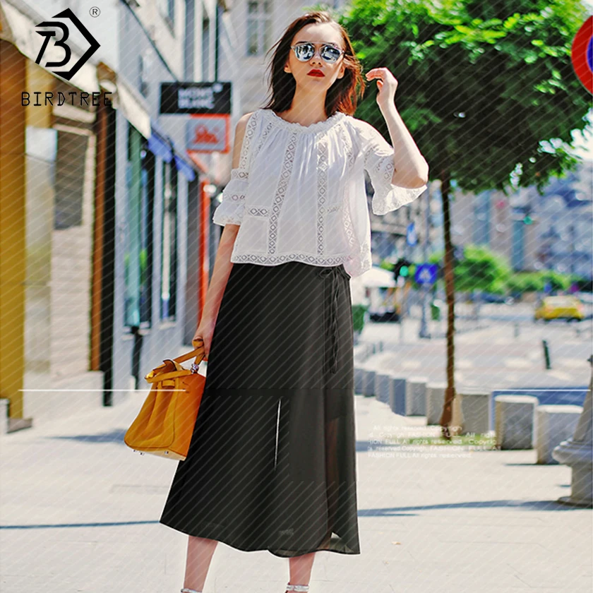 2019 Women Solid Chiffon Wide Leg Skirt Pants High Elastic Waist Lace ...