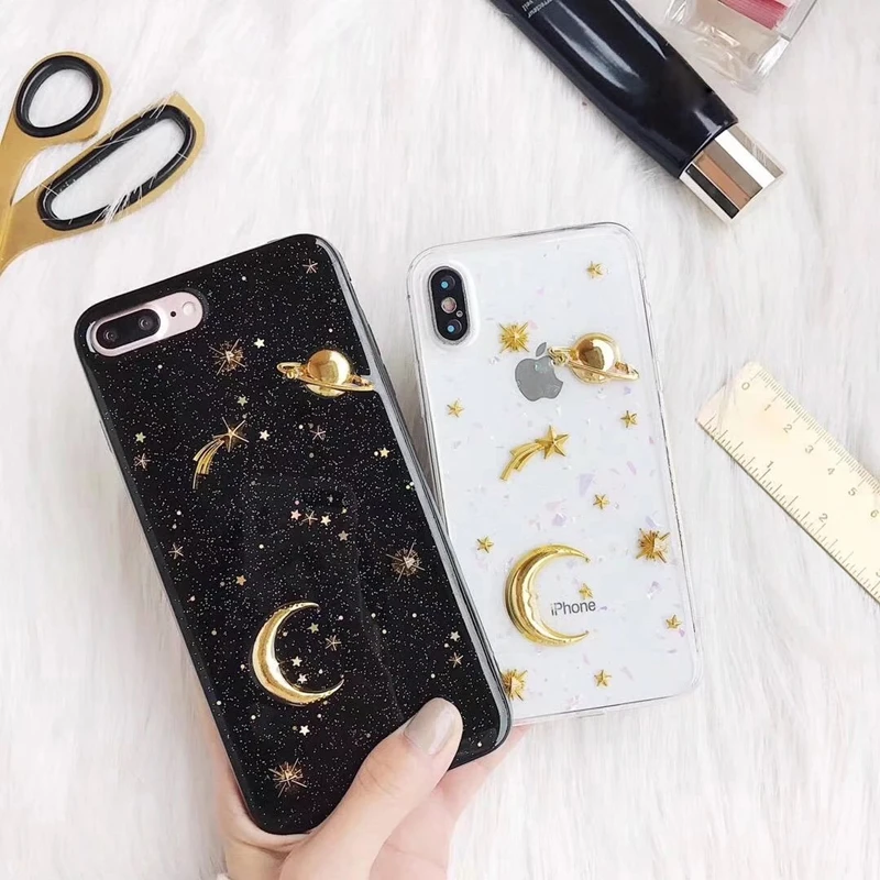 Gold Moon Stars Planet Phone Case For iphone X 6S 6 7 8 Plus Bling Glitter Universe Series Cover Cases Capa |