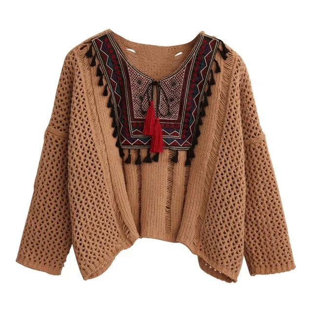 2019 Autumn Coffee color Round Neck Long Sleeve Casual Loose Sweater Tasseled Tie Embroidered Yoke Eyelet Jumper Sweater