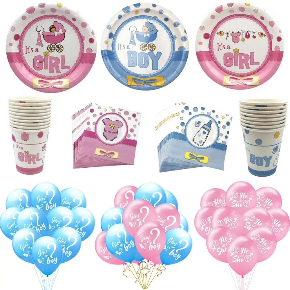 

It's Boy or Girl Party Decor He or She Gender Reveal Theme Disposable Tableware Paper Plates Foil Balloon Decoration Baby Shower