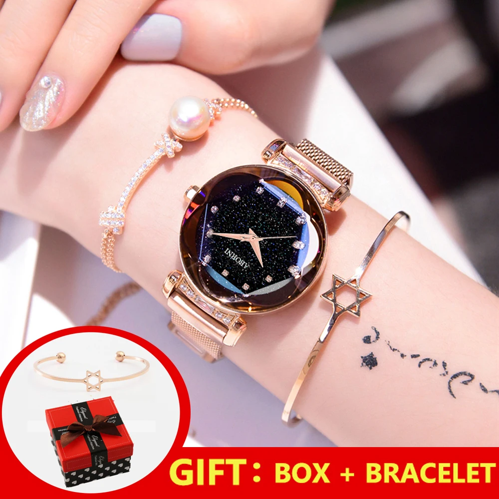 

Magnet Buckle Rose Gold Bracelet Women Watches Fashion Crystal Ladies Quartz Watch Starry Sky Creative Female Dress Wristwatch