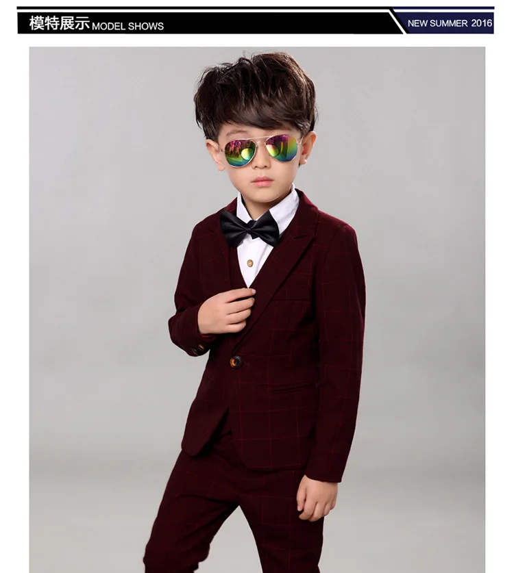 plaid children Wedding Suit England Style Gentleman Boys Formal Tuxedos Suit Kids Spring Clothing Set:coat+vest+pants 3