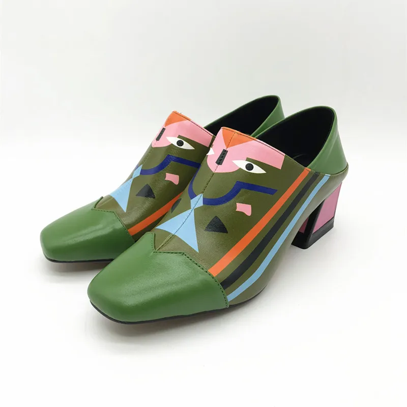 Mcacchi/; женская обувь; обувь на не сужающемся книзу высоком массивном каблуке; Разноцветные Туфли-гладиаторы с принтом; Повседневная обувь из натуральной кожи с квадратным носком; Новинка - Color: Green