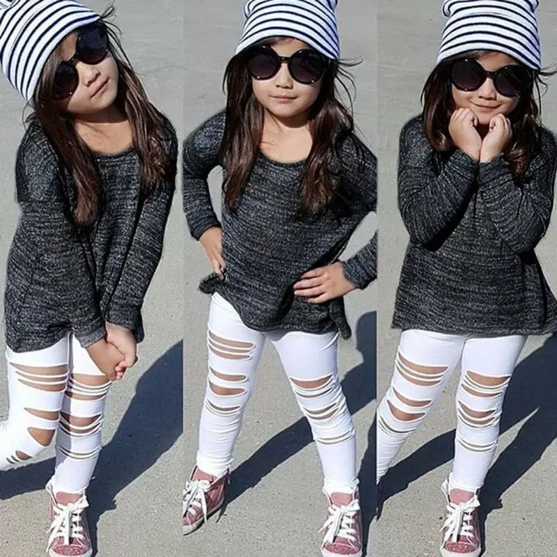 

Spring Clothes for Girls Set Long Sleeve T-shirt Tops Girl Torn Jeans Set Denim Pants Outfits Set For 3-7Y