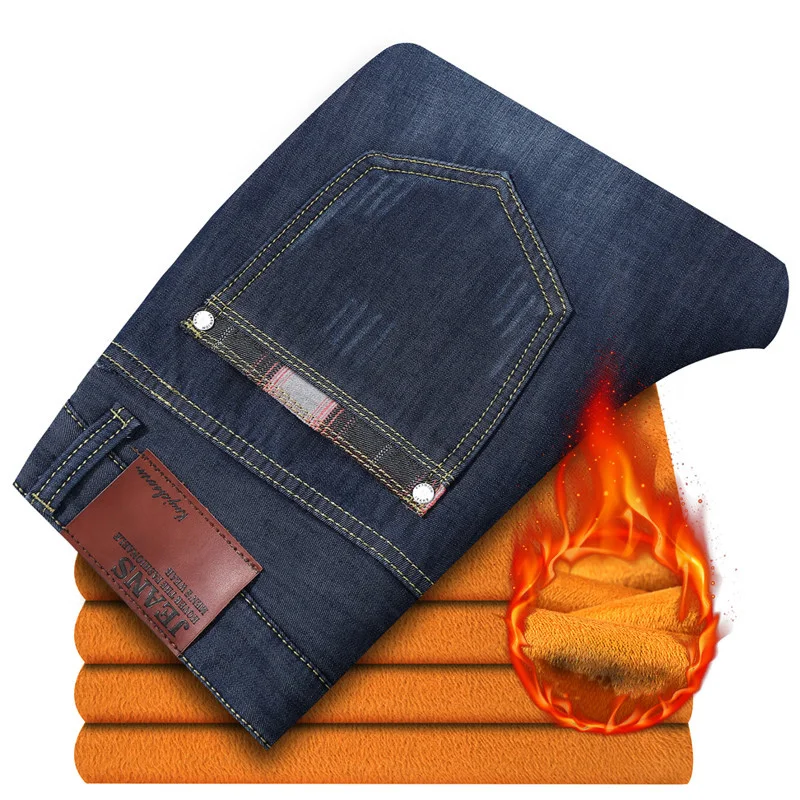 Мужчины Сгустите Прямые Denim Жан Теплый Плюс Бархат Мода Slim Брюки Осенние И Зимние
