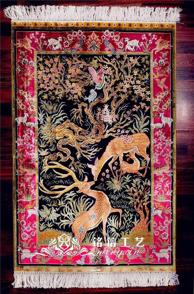 2,7 'x4' пейзаж милый олень черный шелковый ковер ручной работы шелковый ковер украшения ковер