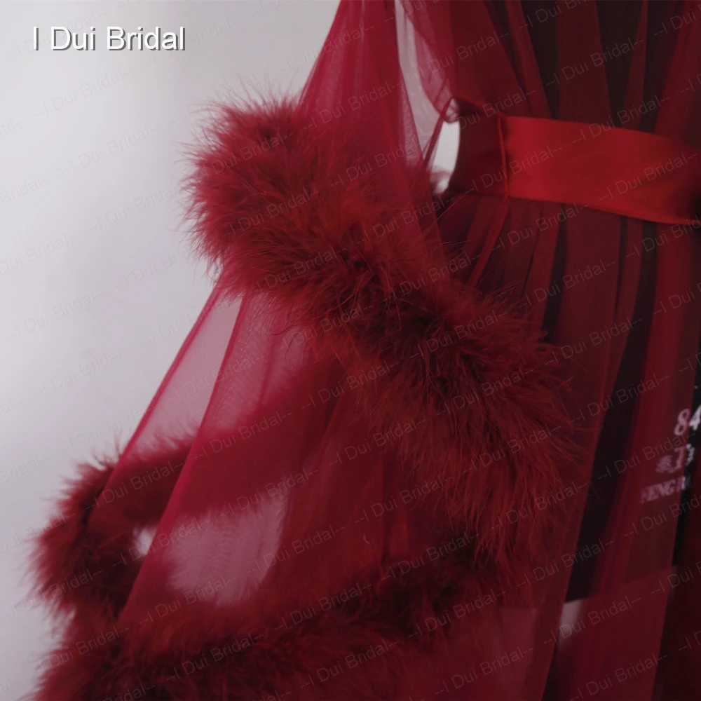 Burgundy Feather Robe Boudoir Tulle Illusion Bridal Robe Long Gift for Bride Homecoming Party Dress