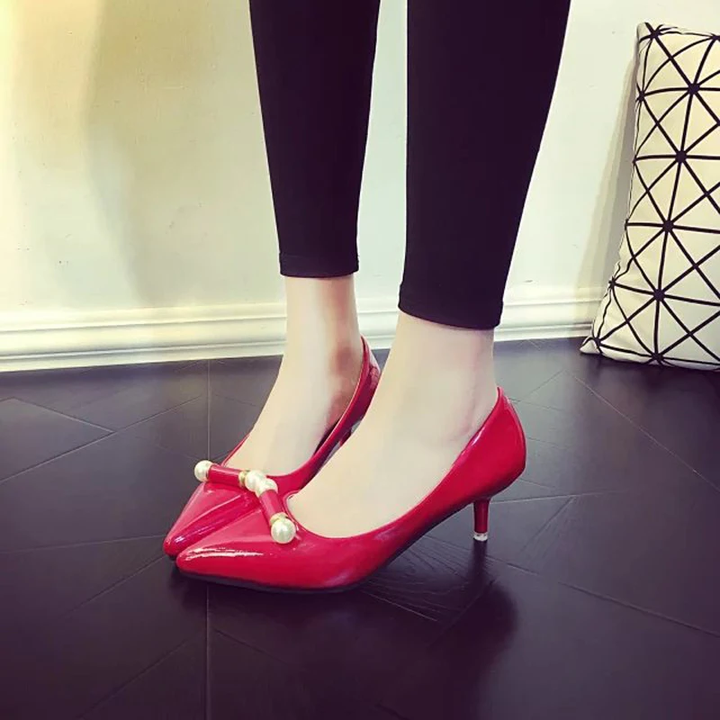 

2016 New Spring Leisure Pure Color Woman Pumps Fashion Pointed Toe Beading High Heels Sweet Concise Shoes Hot Sales ST170