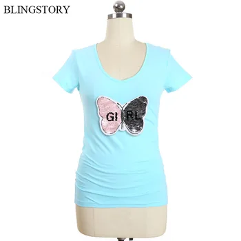 

BLINGSTORY High Street Summer T-shirt Big Size Lady Tops Reverse Change Color Sequin Cotton Female 2018 Women T Shirts LP5208007