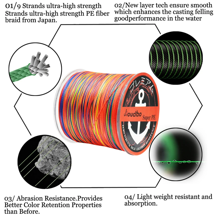Jioudao 9 нитей плетеная леска 300M 500M 1000M 1500M многоцветная PE плетенка для рыбалки 20LB-200LB рыбалка аксесуары шнур рыболовный