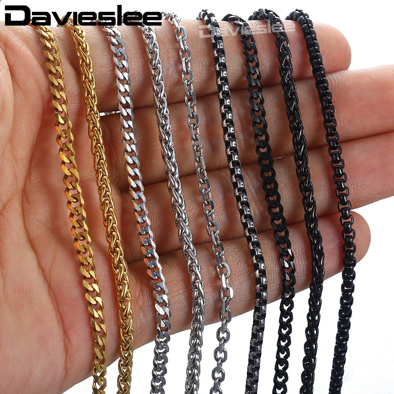 2-3 мм браслеты-цепочки для женщин и мужчин, серебристый, черный, золотой, нержавеющая сталь, панцирь, кубинский кабель, круглая коробка, плетеный пшеничный браслет KBB13A