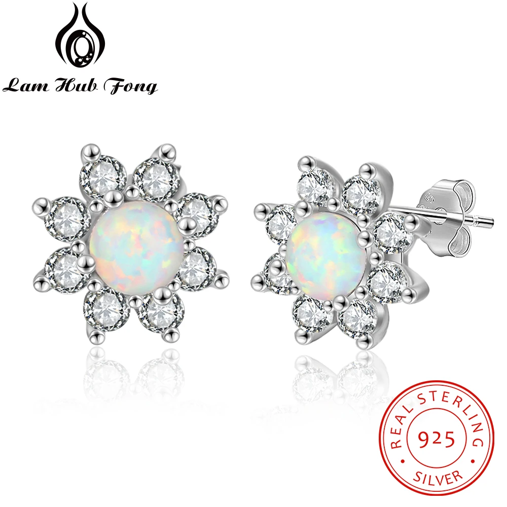 

925 Sterling Silver Round Opal Earrings Sunflower Blossom Cubic Zirconia Stud Earrings for Women Summer Jewelry (Lam Hub Fong)