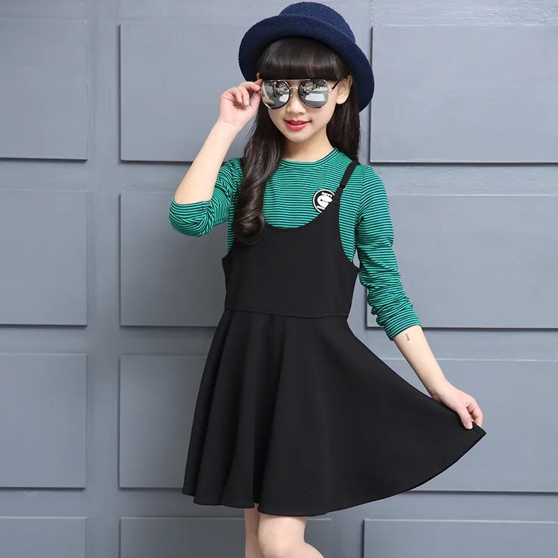 

Girl Spring New Pattern Korean Rendering Unlined Upper Garment + Straps Stripe Twinset Children's Garment Two Pieces Kids Sets