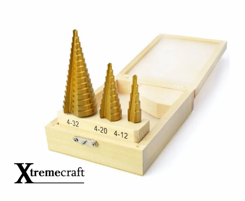

3 Pcs/set HSS4241 Cone Titanium Coated Step Drill Bit Set Tools 4-32mm 4-20mm 4-12mm Hole Cutter With Wood Case