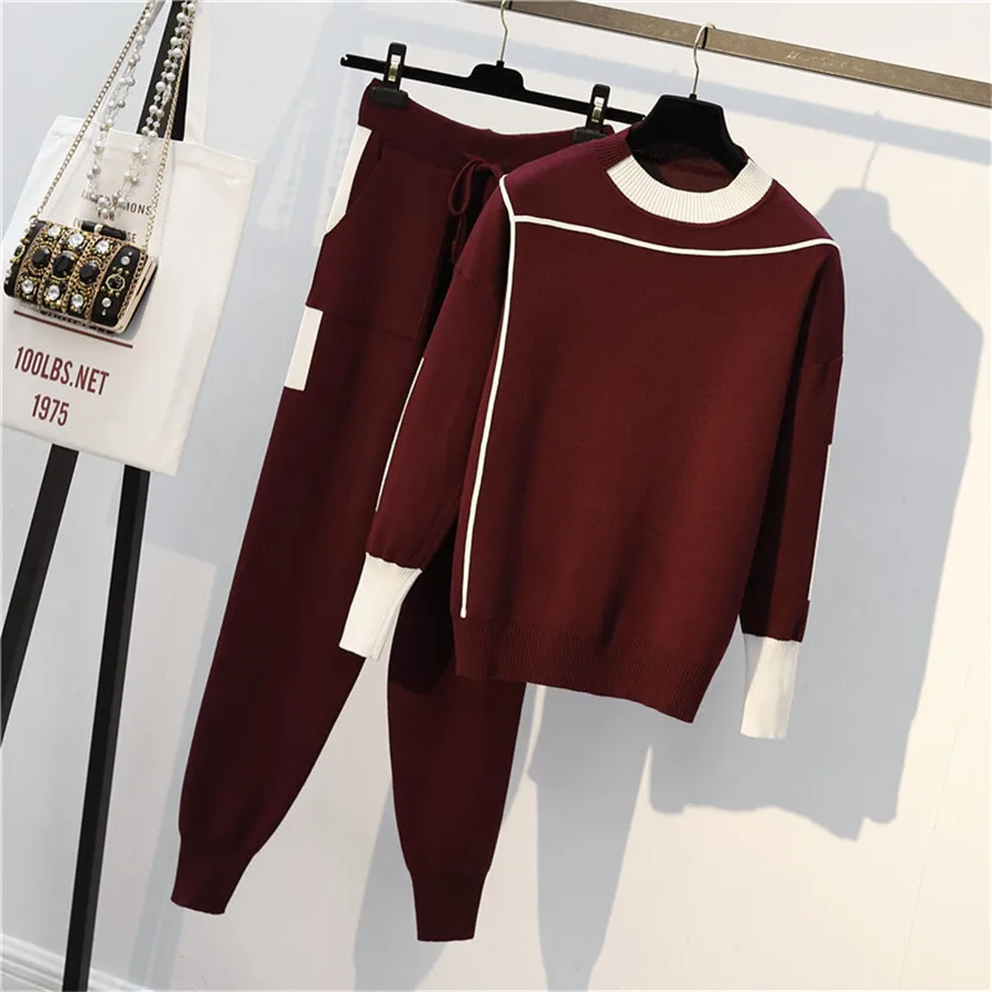 

2019 Full Sequined spring Autumn New Women's Knit 2 Piece Suit Fashion Loose Hooded Sweater Feet Pants Two-piece Female