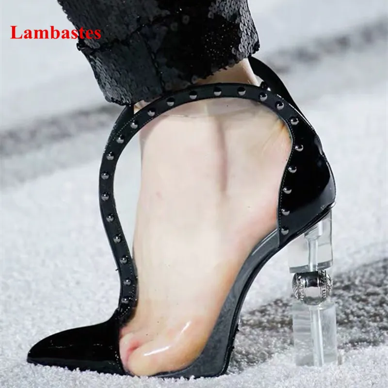 

2019 Spring New Runway Botas Mujer Black Rivets Designer PVC Strange Heel Ankle Boots Women Slip On Shoes Women High Heels Femme