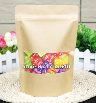 

15*22+4cm Bottom *140mic High Quality Food Kraft Paper Bags With Window Stand Up With Zipper Bags Free Shipping 200pcs/lot