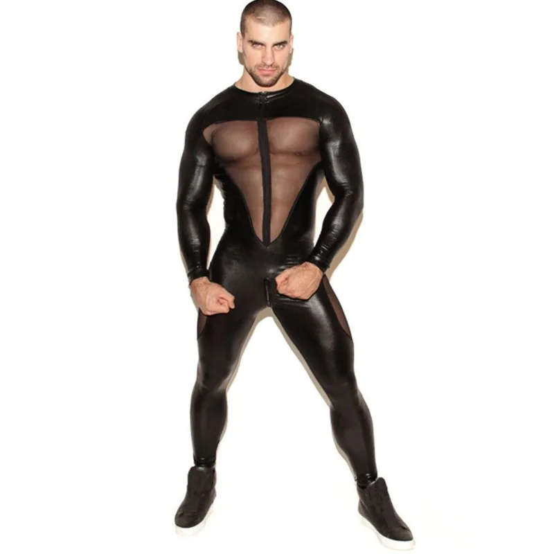 Men Faux Leather Stretch Catsuit Sexy Transparent Mesh Zipper Open Crotch One-piece Tight PVC Bodysuit Clubwear Fetish Costumes