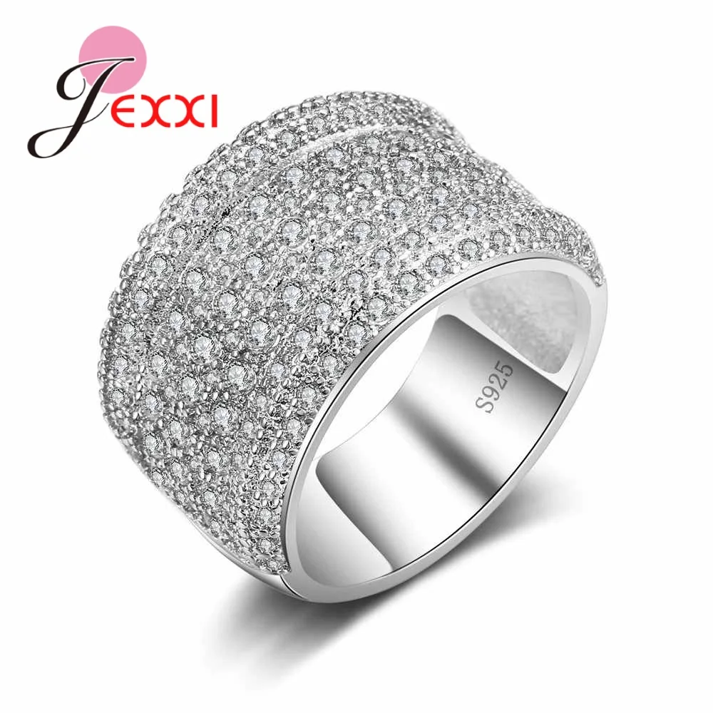 

JEXXI Brilliant Cubic Zircon Wide Band Rings Real S90 Silver Crystal Wedding Engagement Jewelry for Women Brides Gift