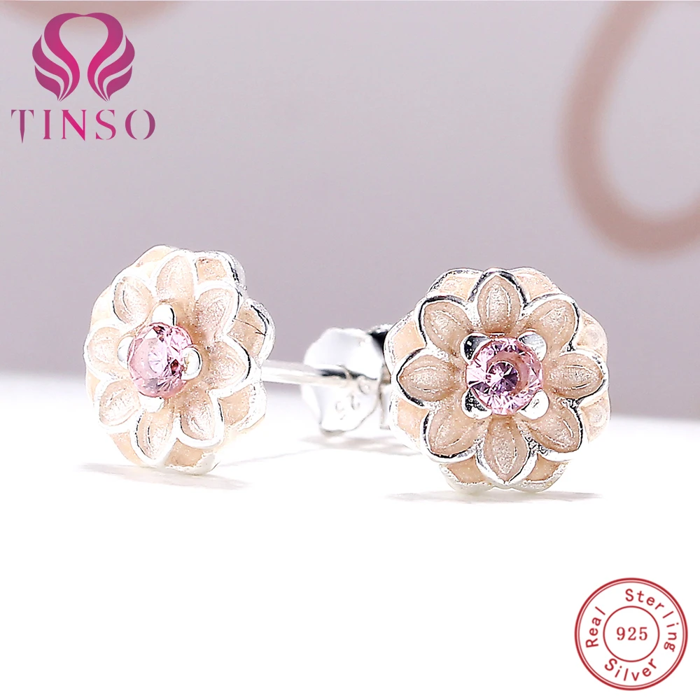 

TINSO Women Fashion Cute Enamel Jewelry Authentic 925 Sterling Silver Cute Flower Stud Earrings Women Earings Accessory