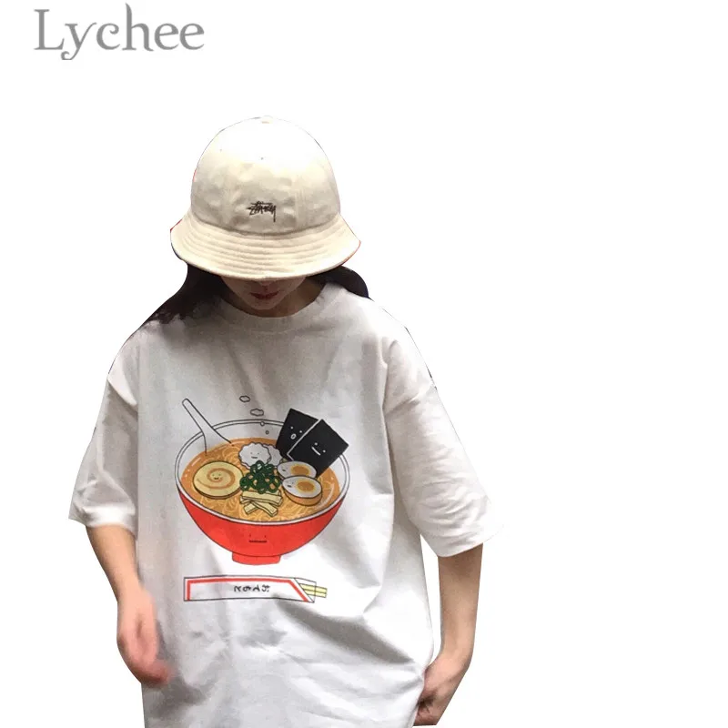 Личи Harajuku Японская лапша принт Для женщин футболка повседневные свободные короткий рукав женские футболки сезон: весна–лето футболка