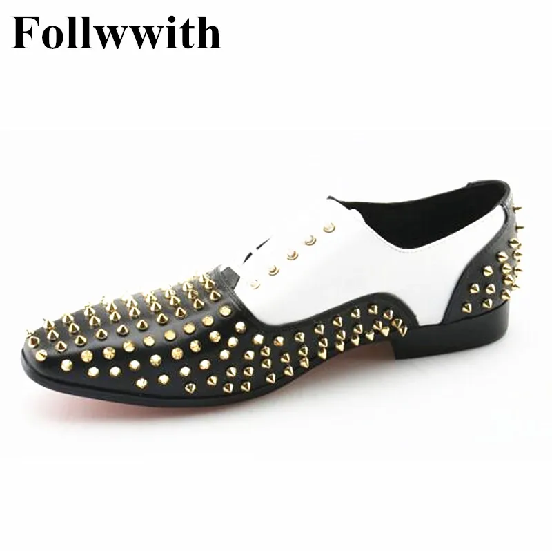

Luxury Brand Design 2019 Gold Rivets Studs Patchwork Lace Up Men Casual Shoes Flats Dress Bussiness Shoes Mens Plus Size 46