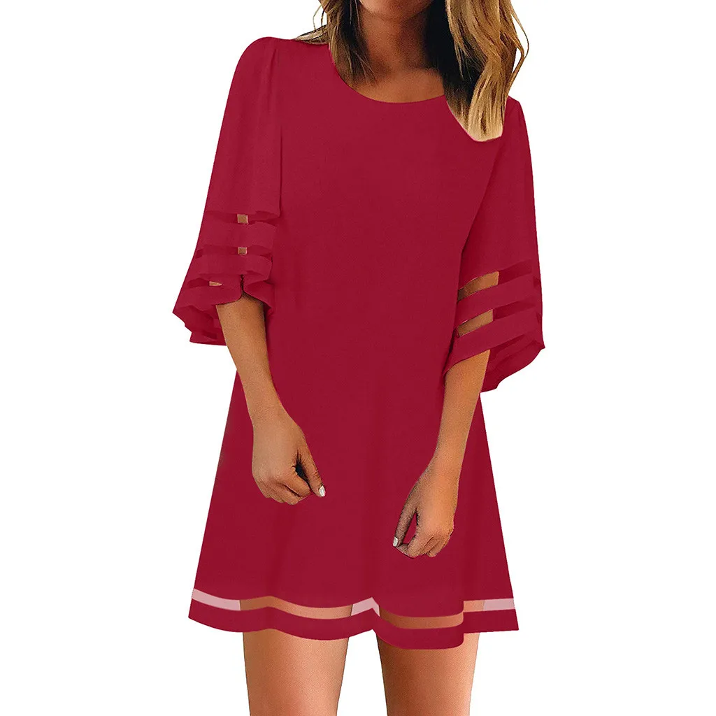 

25Women Dress O Neck Mesh Panel Blouse 3/4 Bell Sleeve Loose Top Shirt Dress Vetement Femme Vestidos #ew