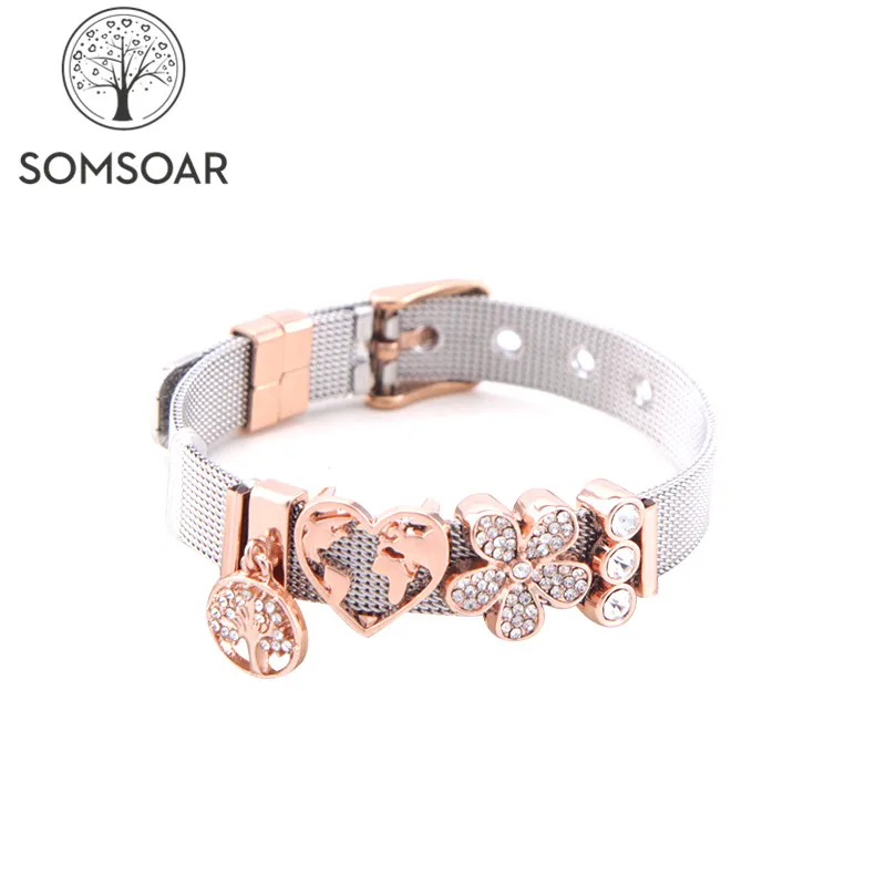 

Dropshipping Somsoar Jewelry Keeper Stainless Steel Mesh Bracelet with world Heart Slide Charms Silver Rose Gold Wrap Bracelets
