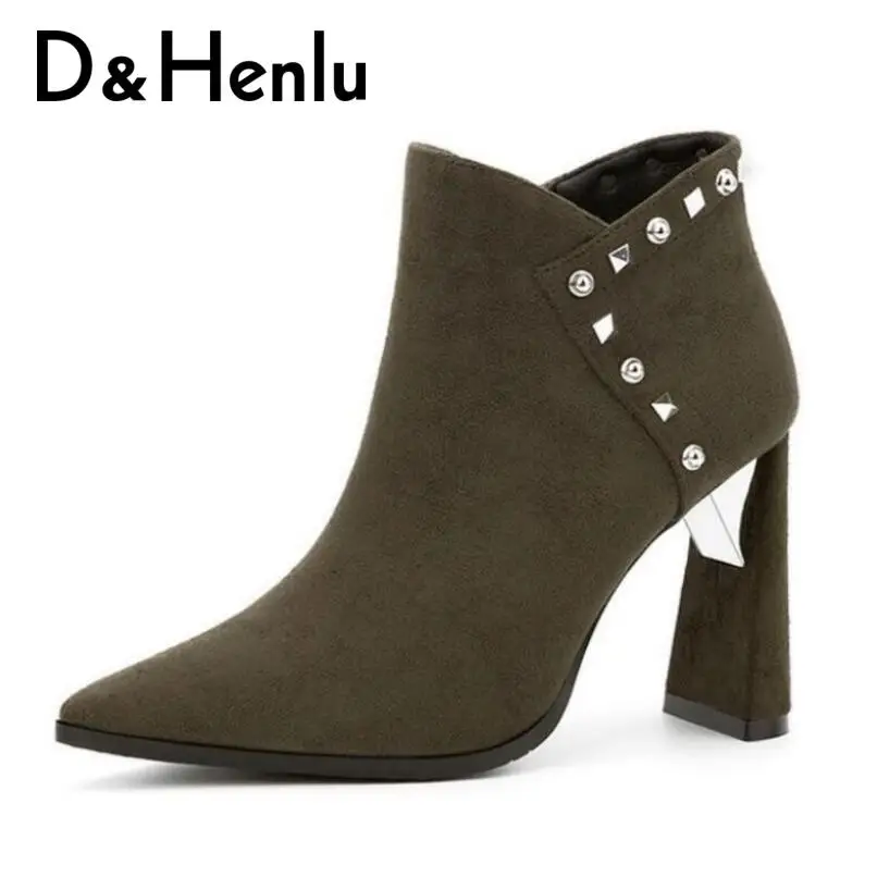 

{D&Henlu} Woollen Cloth Women Boots High Heels Ankle Boots Pointed Toe Bow Short Boots Heels Weave Winter Shoes Women High Heels
