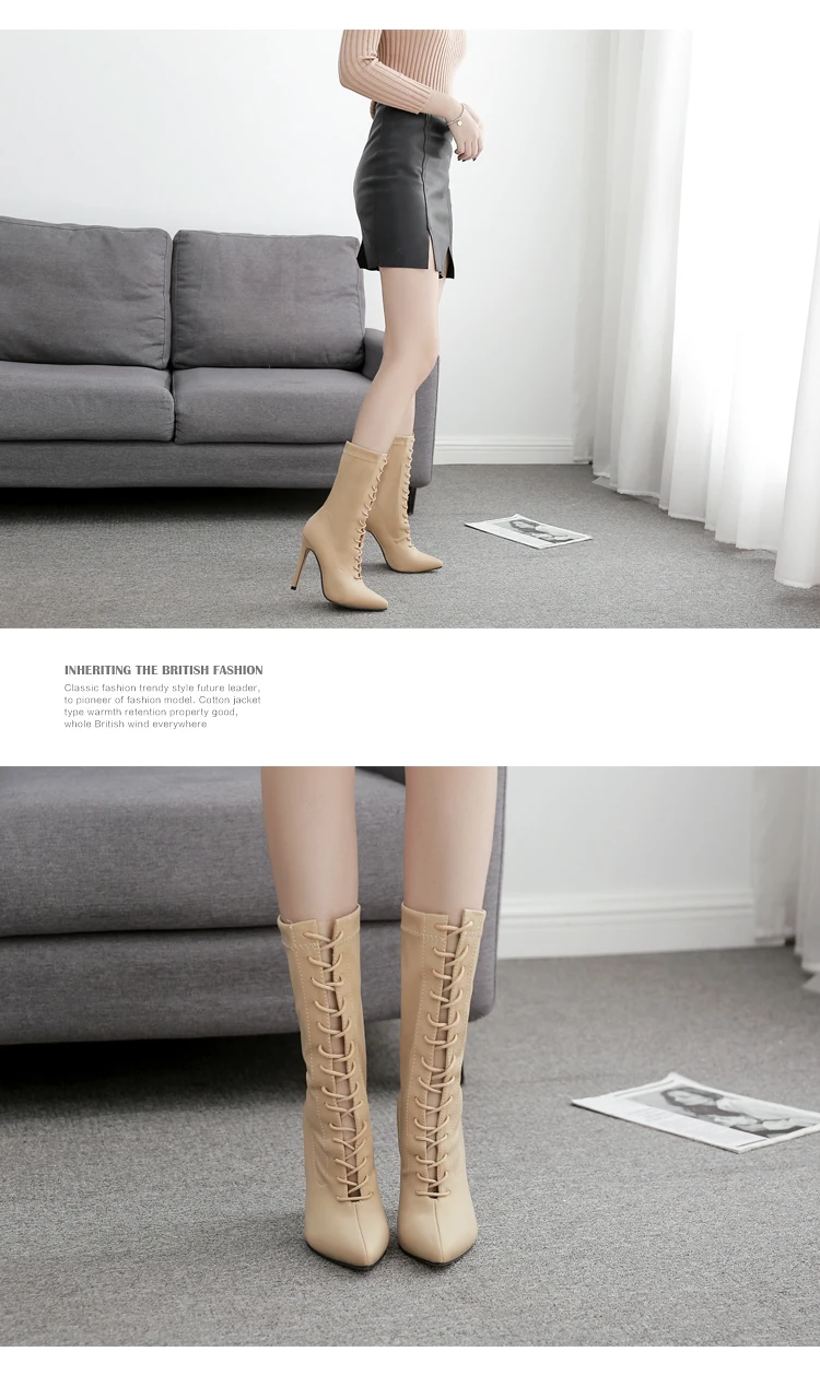 Aneikeh/ботинки из эластичной ткани г. Женские осенние модные ботильоны обувь на шпильке с острым носком обувь на высоком каблуке со шнуровкой, женская обувь
