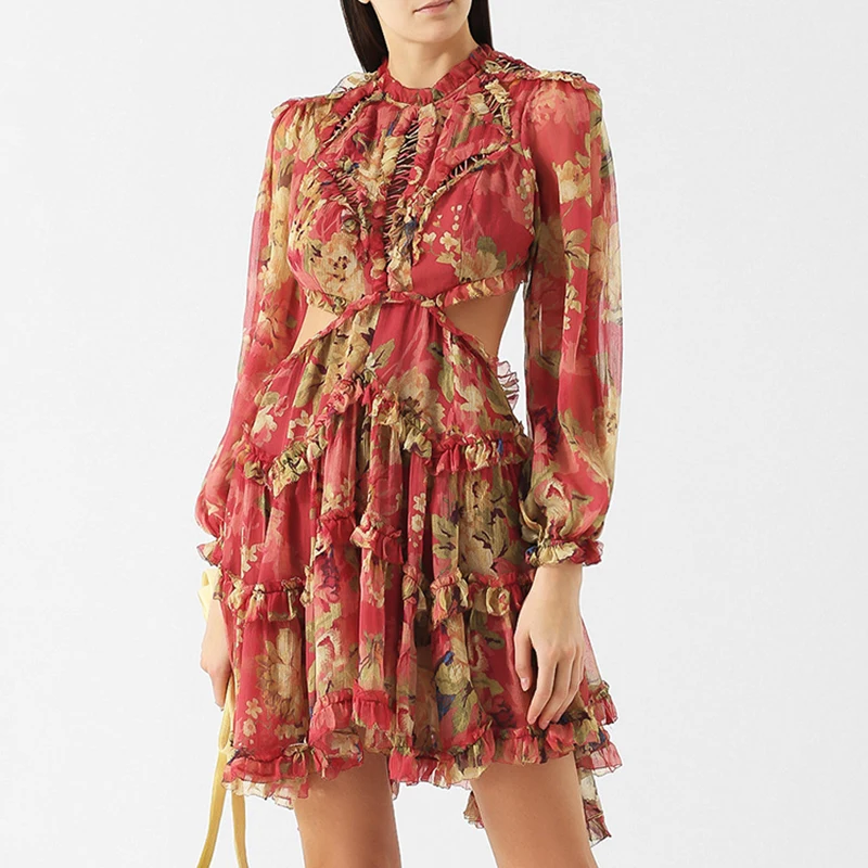 

HIGH QUALITY Newest 2018 Designer Dress Women's Long Sleeve Backless Floral Ruffle Casual Dress