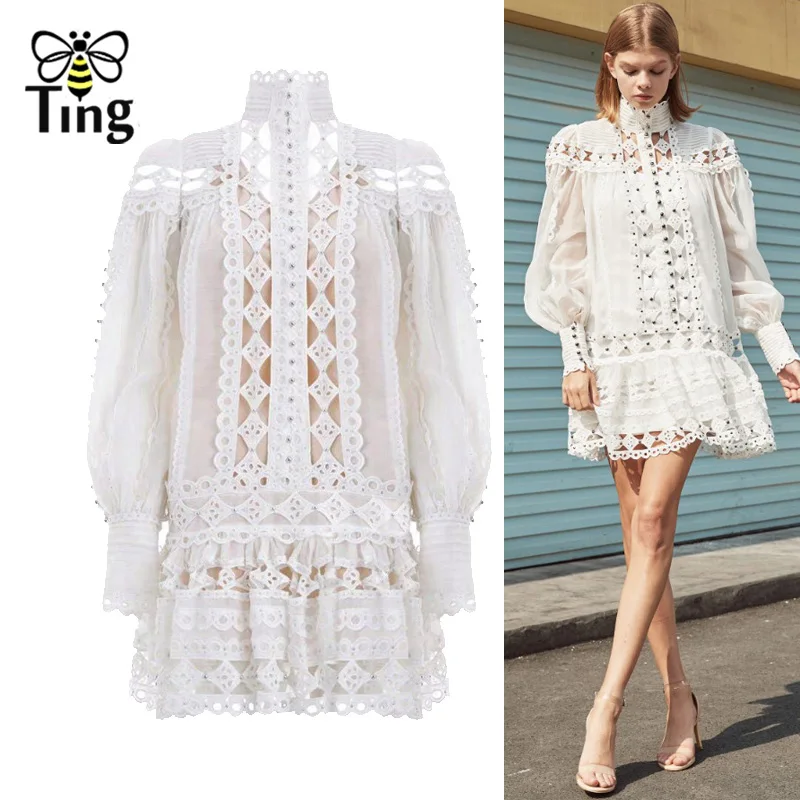 

Tingfly Fashion Designer Runway Dress Sexy Hollow Out Cut Out Rivet Button Casual Mini Short Dress Party Dresses Black/White