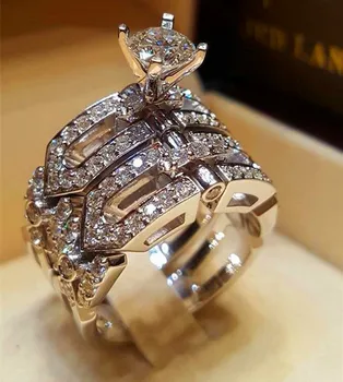 

Crystal Female Big Stone Ring Set Boho Fashion Queen Silver Color Bridal Engagement Rings For Women Promise Love Finger Ring
