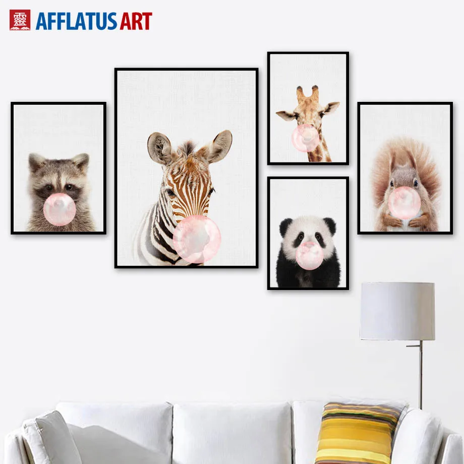 

Pink Bubble Panda Giraffe Zebra Deer Wall Art Canvas Painting Nordic Posters And Prints Wall Pictures For Living Room Decor