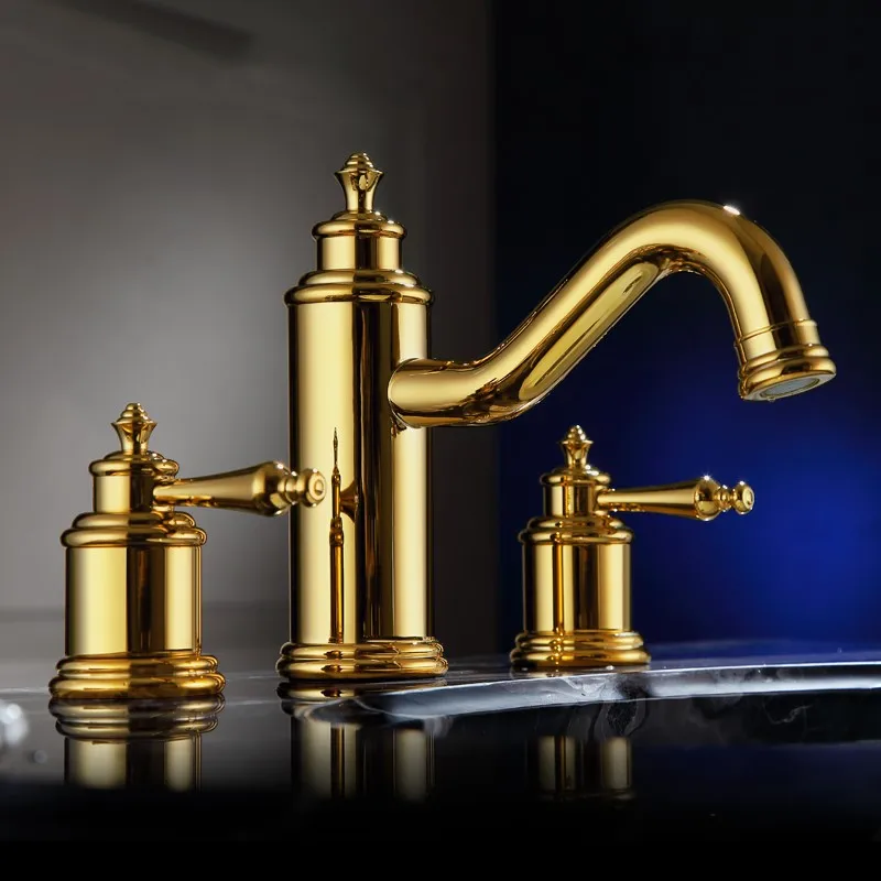 Лучший роскошный золотой латунный двойной ручкой три широкий с отверстиями кран для раковины ванной комнаты высокого качества туалетный столик кран-смеситель