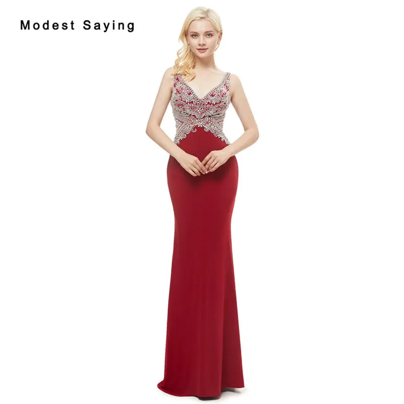 

Sexy Luxury Red Mermaid V Neck Beaded Evening Dresses 2019 with Rhinestone Formal Sparkly Engagement Shiny Long Party Prom Gowns