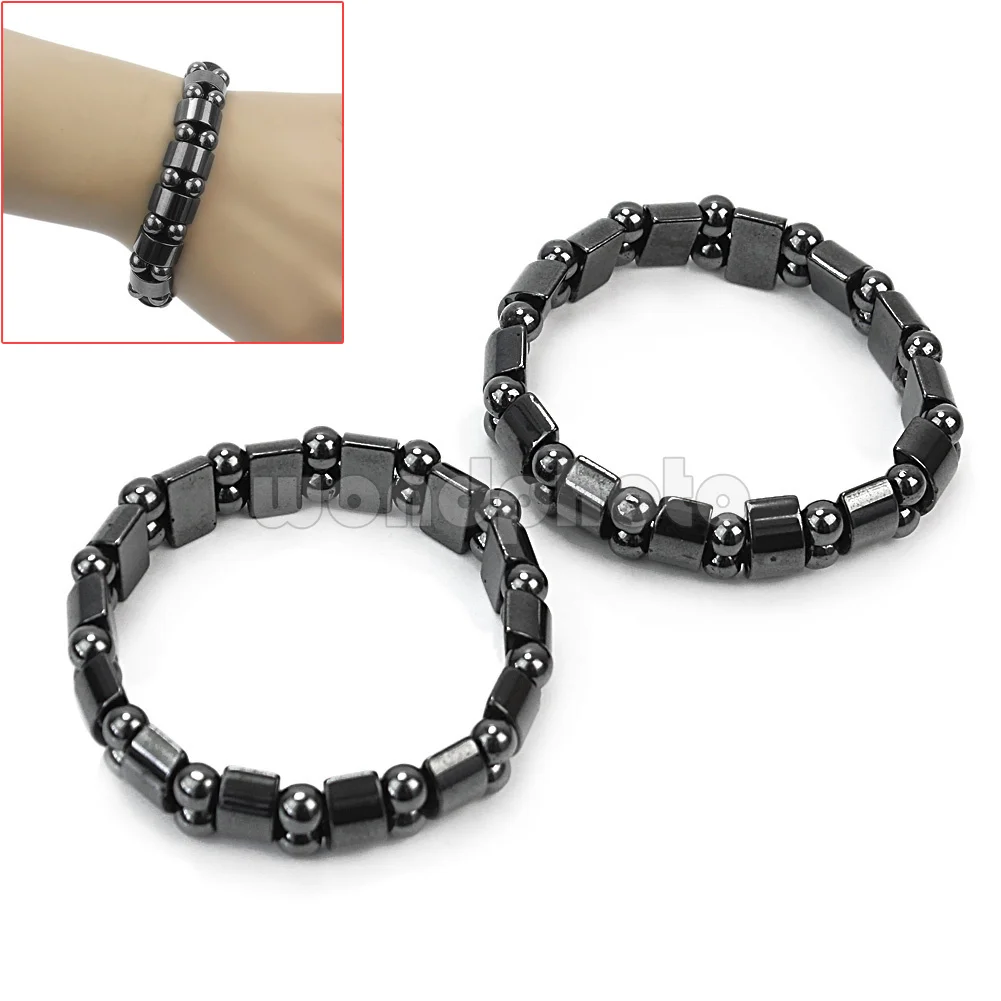 2pcs Women Men Black Round Beads Hematite Elastic Stretchy
