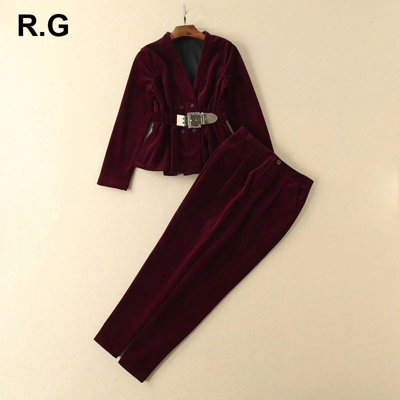 RG Elegant Velvet Blazer Trousers Suits Set Brand Designer Business Office Wear Women Jacket and Pants Suit 2 Piece Sets 2018 RG Elegant Velvet Blazer Trousers Suits Set Brand Designer Business Office Wear Women Jacket and Pants Suit 2 Piece Sets 2018
