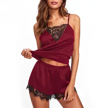 

Sexy Women Lace Pajama Suit Spaghetti Strap Deep V Sleeveless Summer Night Top Pant Set for Ladies Female Lounge Wear