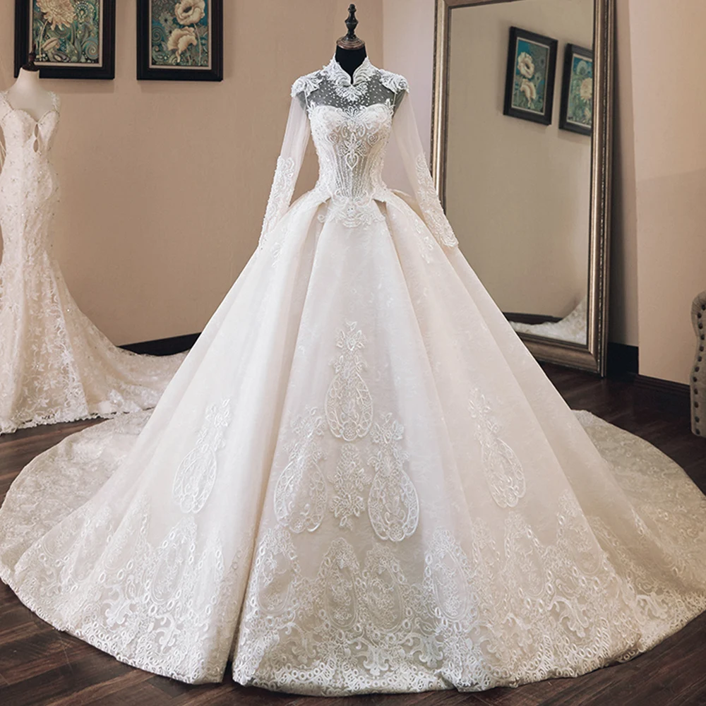 Vestido de Casamento Beading Appliques Luxury Ball Gown Wedding Dresses Long Sleeve 2019 High Neck Trouwjurk Bride Dress