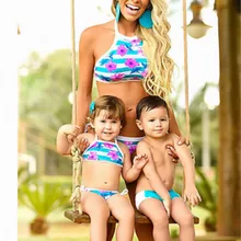 Для мамы и дочки и сыновья Семейные комплекты купальник Для женщин пуш-ап Мягкий повязки Цветочный комплект бикини Треугольники Купальники для малышек ванный комплект