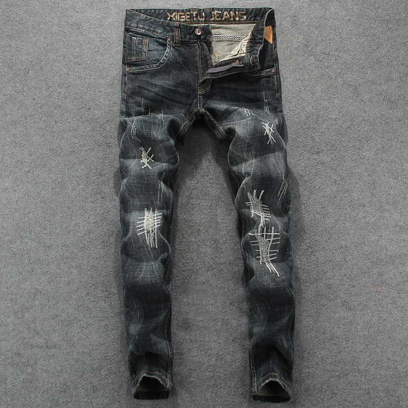 

American Street Style Fashion Men Jeans Vintage Black Gray Slim Fit Embroidery Ripped Jeans homme Brand Design Hip Hop Jeans Men
