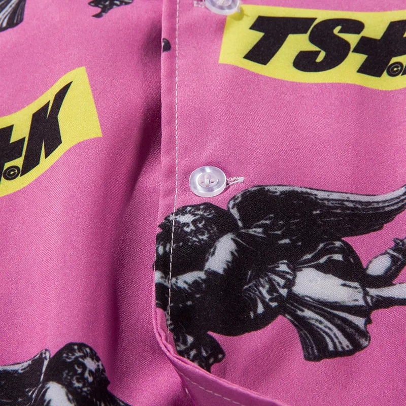 Turn-down Collar Hawaii Style Men's Shirts 2018 Summer Pink Gun Full Printing Casual Shirt Men